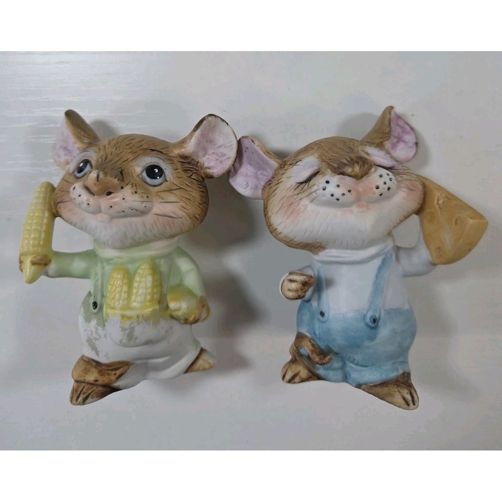 Adorable Vintage HOMCO Taiwan Pair of Mice With Corn & Cheese 3.5"